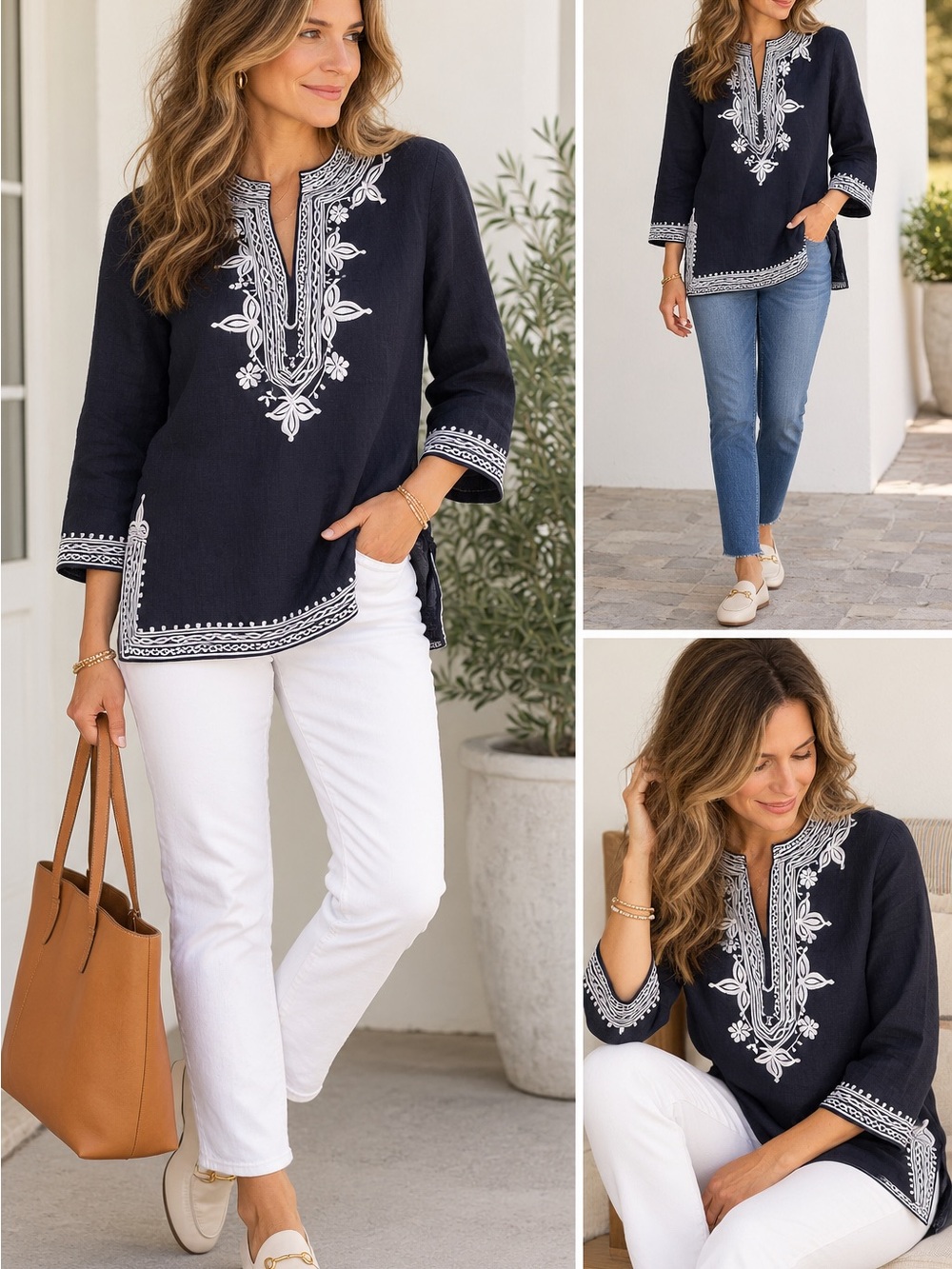 J. Crew Navy Blue Linen Embroidered Tunic Top V-Neck Split Hem Size Small S